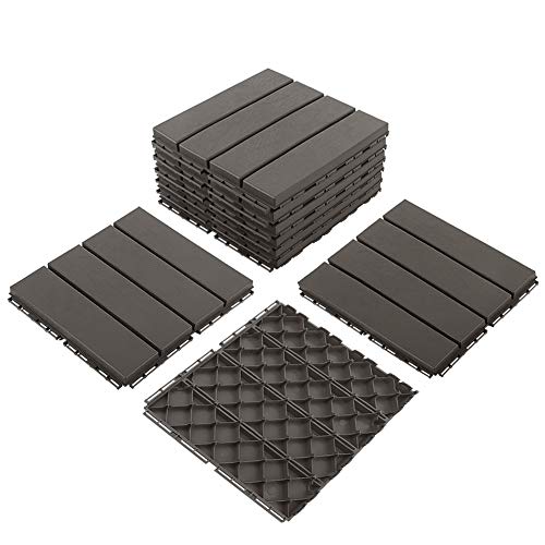 Domi Outdoor Living Patio Deck Tiles, 12 x 12 inches Composite Interlocking Decking Tile, Four Slat Plastic Outdoor Flooring, 9 Pieces One Pack, Dark Brown