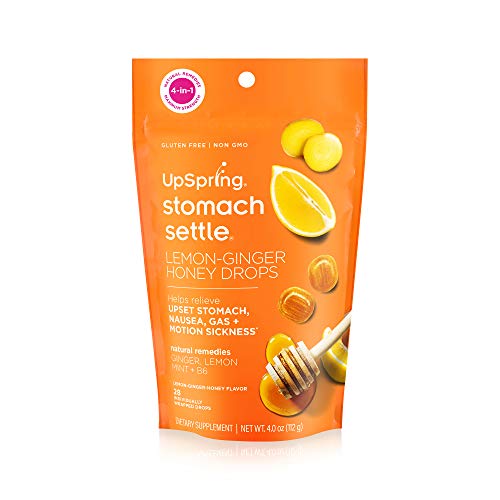 UpSpring Stomach Settle Drops for Nausea, Gas, Bloating, Morning Sickness and Motion Sickness Relief, 28 Count Individually Wrapped Drops for Tummy with Ginger, Lemon, Spearmint, Honey and B6