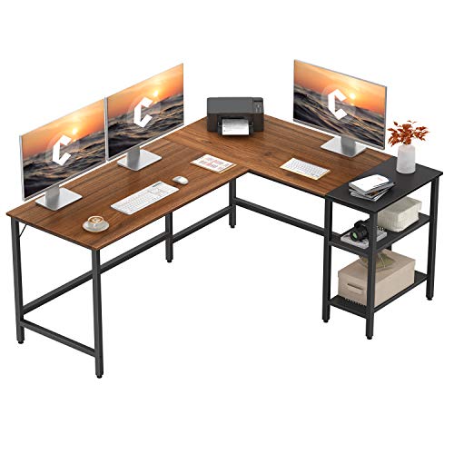 CubiCubi L-Shaped Office Desk, Modern Computer Corner Desk Writing Study Table with Storage Shelves, Space-Saving, Espresso