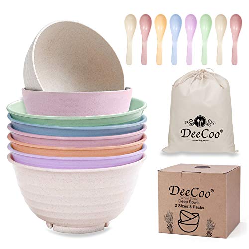 DeeCoo Unbreakable Cereal Bowls Set of 8, Wheat Straw Fiber Lightweight Family Pack Dinnerware 30 & 24 Ounce, 8 Bowls and 8 Spoons, Microwave and Dishwasher Safe-for Rice,Fruit, Noodle, Soup Bowls