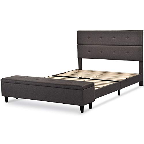 Allewie Queen Bed Frame with Storage Ottoman Bench and Headboard, Mattress Foundation, Upholstered Bed Frame in Linen Style Fabric,Dark Grey