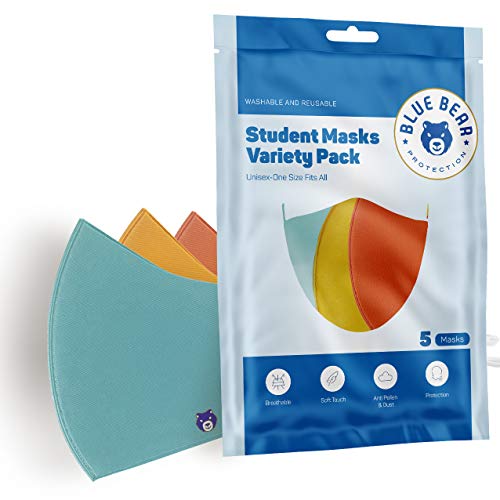 Blue Bear Protection Washable Student Face Masks (Set of 5) | Reusable, Breathable face Masks for School