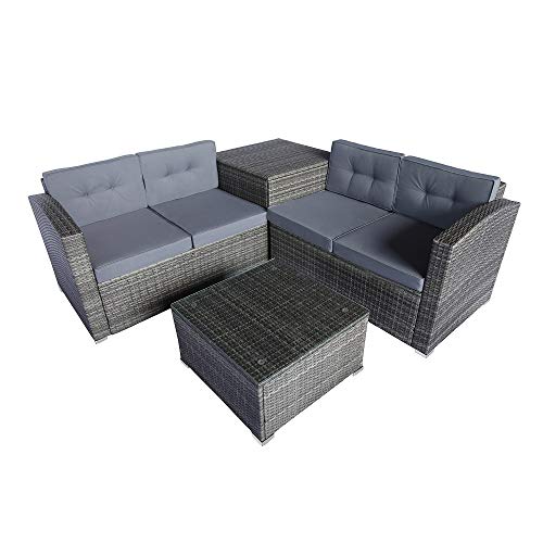 4 Pcs Patio Sofa Set Outdoor Wicker Rattan Furniture Conversation Set with Storage Cabinet and Coffee Table for Garden Backyard Pool (Grey Cushion)