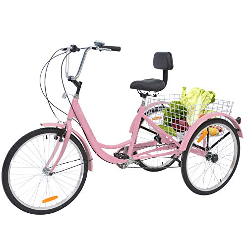 Barbella 26 Inch 3 Wheel Adult Tricycle Bike Cycling Pedal Cruiser Bicycles Folding Basket with Assembly Tools for Men/Women/Seniors(Light Pink, 7 Speed)