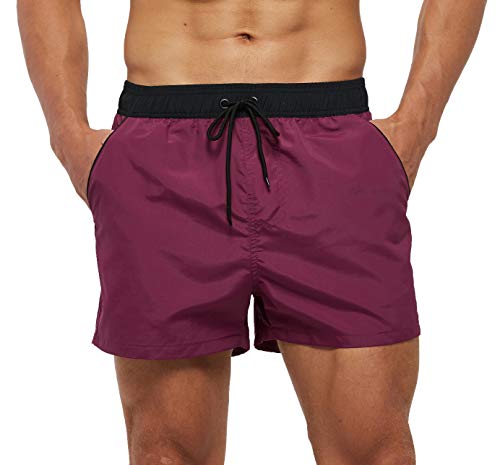 SILKWORLD Men's Swimming Shorts Quick Dry Solid Swimsuit Swim Trunks with Mesh Lining and Zipper Pockets, Violet Red, Medium