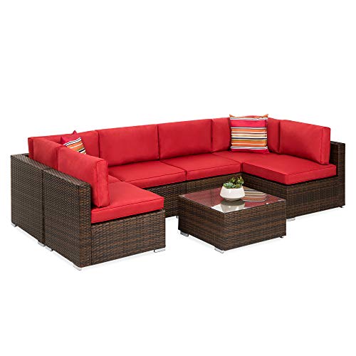 Best Choice Products 7-Piece Modular Outdoor Sectional Wicker Patio Furniture Conversation Set w/ 6 Chairs, 2 Pillows, Seat Clips, Coffee Table, Cover Included - Brown/Red