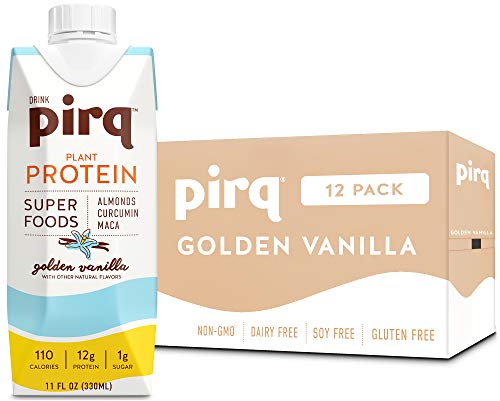 Pirq, Vegan Protein Shake, Turmeric Curcumin, Maca, Plant-Based Protein Drink, Gluten-Free, Dairy-Free, Soy-Free, Non-GMO, Vegetarian, Kosher, Keto, Low Carb, Low Calorie (Golden Vanilla, 12 Pack)