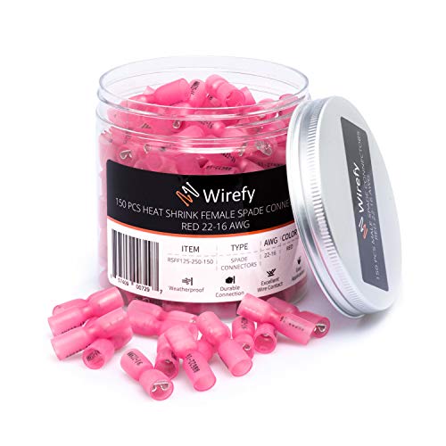 150 PCS Wirefy Female Spade Connectors - Heat Shrink Spade Connector Kit - Electrical Spade Terminals - Red 22-16 Gauge Wire Connectors