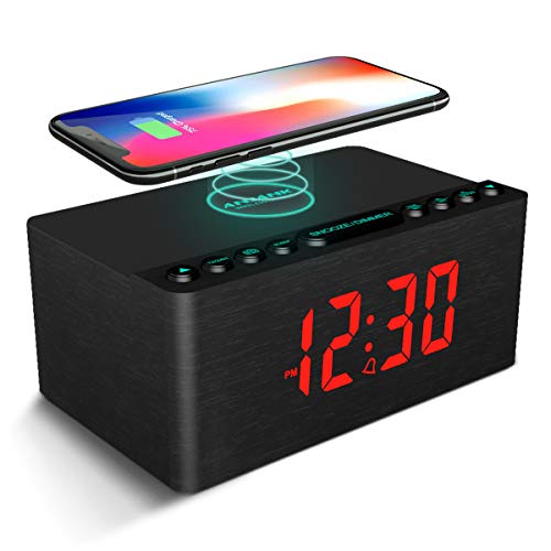 ANJANK Wooden Alarm Clock with FM Radio, 10W Super Fast Wireless Charger Station for iPhone/Samsung, 5 Level Dimmer, USB Charging Port, Sleep Timer, Digital LED Clock for Bedroom
