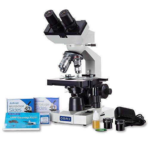 OMAX 40X-2500X LED Binocular Compound Lab Microscope w/ Double Layer Mechanical Stage + Blank Slides, Cover Slips, & Lens Cleaning Paper