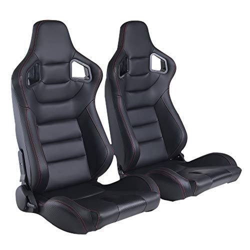 2PCS Universal PVC Leather Racing Seats, Reclinable Bucket Seat Come with Two Adjustable Slider, Mounting Brackets are NOT Include (Black & Red Stitching)