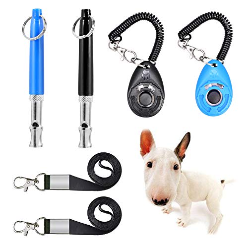 JESOT Dog Training Whistle with Clicker, Adjustable Pitch Ultrasonic Dog Training Kit with Lanyard for Dog Recall Repel Silent Training(4 Pack)(Black+Blue)