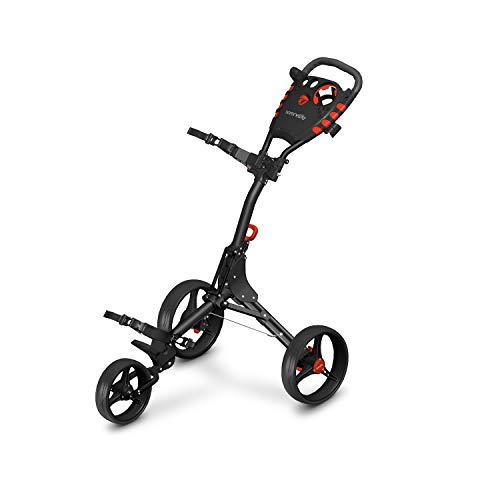 3 Wheel Golf Push Cart - Lightweight Folding Golf Walking Push Cart Roller Golf Bag Holder w/ Upper/Lower Bracket w/ Elastic Strap, Scorecard, Umbrella, Cup, & Bag Storage Holder - SereneLife SLG3W