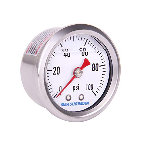 MEASUREMAN 1-1/2' Dial Size, 304 Stainless Steel case, Liquid Filled Fuel Pressure Gauge, 0-100Psi, 3-2-3%, 1/8'NPT Center Back Mount