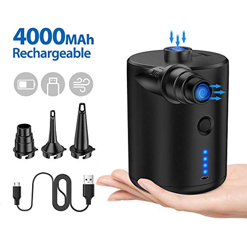 Tomight Electric Air Pump, Rechargeable Portable Air Mattress Pump for Inflatables Quick-Fill Inflator Deflator with 3 Nozzles,4000mAH for Camping Inflatable Cushions, Air Bed Sofa,Boat, Pool Toys