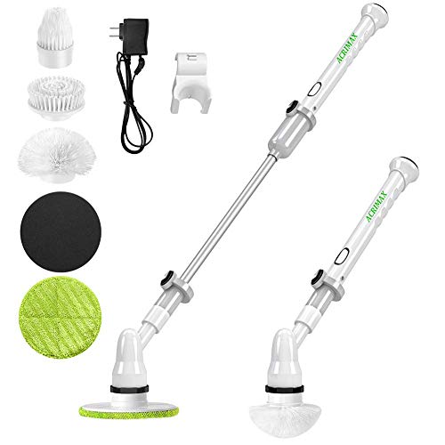 ACRIMAX Electric Spin Scrubber, Cordless Floor Scrubber Power Bathroom Shower Scrubber with 5 Replaceable Cleaning Brush Heads and Extension Handle for Tub, Tile, Shower, Kitchen
