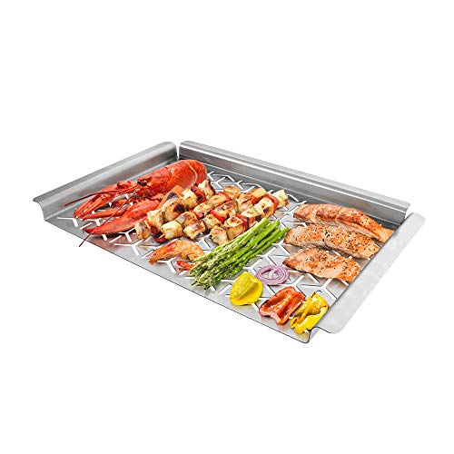 Unicook BBQ Grill Topper, Warp-Free Stainless Steel Grilling Pan, Heavy Duty Grill Basket, Perfect Cooking Tray for Delicate Items Like Vegetable Seafood and Fruit, Rectangular 16x11inch