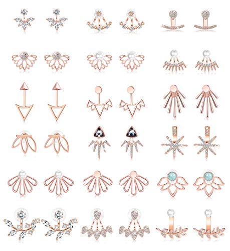 Jstyle 18 Pairs Lotus Flower Earrings Jackets for Women Studs Earring CZ Pearl Stud Earrings Hollow Chic Earrings Set Rose Gold Tone