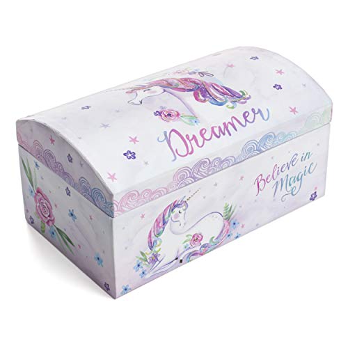 Mini Storage Trinket Trunk – Decorative Round-Top Treasure Chest / Jewelry Box for Girls in Pastel Colors and Unicorn Motif with Hinged Lid, Mirror, Organizer Tray, and Inspirational Sayings