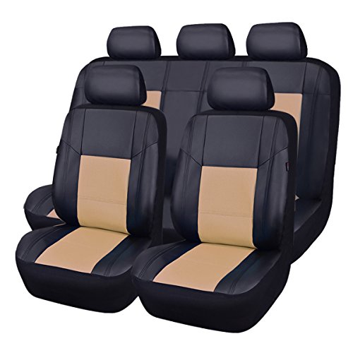 CAR PASS Skyline PU Leather CAR SEAT Covers - Universal FIT for Cars,SUV,Vehicles 5mm Composite Sponge Inside,Airbag Compatible (11PCS, Elegant Black with Beige)