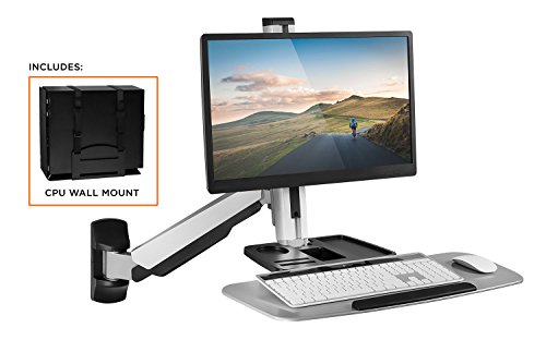 Mount-It! Sit Stand Wall Mount Workstation & Stand Up Computer Station with Articulating Monitor Mount, Keyboard Tray Arm and CPU Holder, Silver VESA 75 100