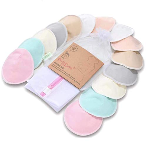 Organic Bamboo Nursing Breast Pads - 14 Washable Pads + Wash Bag - Breastfeeding Nipple Pad for Maternity - Reusable Nipplecovers for Breast Feeding (Pastel Touch, Large 4.8')