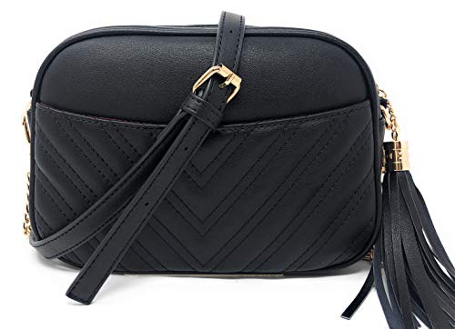 lola mae fashion cross body bag quilted front pocket with tassel (Black)
