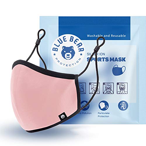 Blue Bear Protection Reusable Sports Face Mask with Adjustable Ear Loop - Single Cotton Face Mask Treated with SILVADUR Antimicrobial Technology(M/L, Pink)