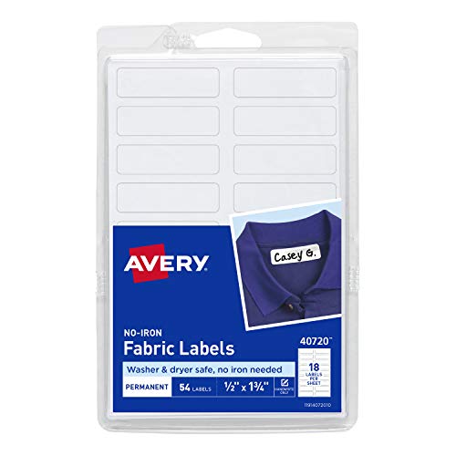 AVERY No Iron Clothing Labels, Washer & Dryer Safe, Writable Fabric Labels, 54 Labels, 1 Pack (40720), White, 1/2'x1-3/4'