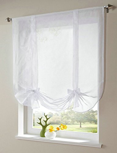 WPKIRA 1 Panel Rod Pocket Top Ribbon Tie Up Solid White Roman Curtain Sheer Voile Balloon Shades with Solid Stripes Lift Sheer Curtain Drapes Voile Valances for Store Cafe Kitchen