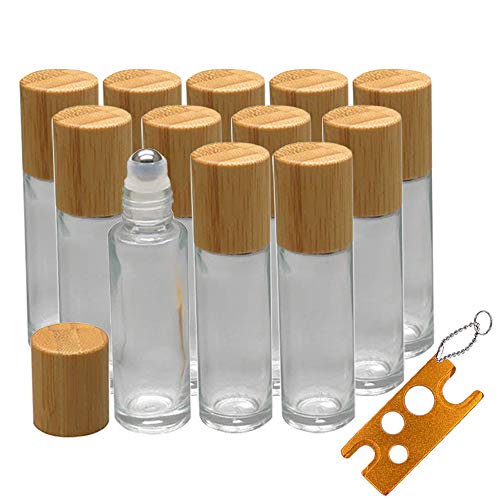 12Pcs 10ml Glass Roll On Bottle with Bamboo Lid for Essential Oils, Creatiee Eco-friendly Refillable Clear Perfume Sample Bottles with Stainless Steel Roller Ball - Portable & Practical