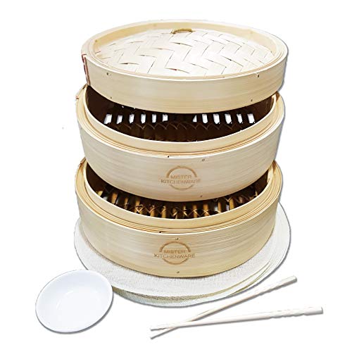 Mister Kitchenware 10 Inch Handmade Bamboo Steamer, 2 Tier Baskets, Healthy Cooking for Vegetables, Dim Sum Dumplings, Buns, Chicken Fish & Meat Included Chopsticks, 10 Liners & Sauce Dish