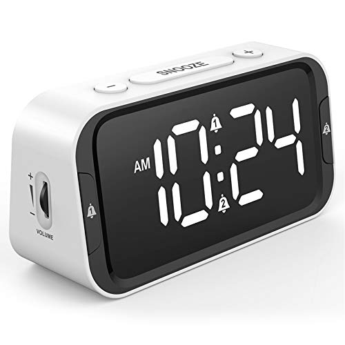 Small Digital Alarm Clock for Heavy Sleepers with 100dB Extra Loud Alarm, USB Charger, Dual Alarm, LED Display, Battery Backup, Desk/Bedside Alarm Clock for Bedroom - White