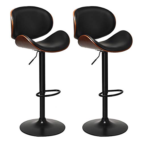 COSTWAY Bar Stools Set of 2, Adjustable Swivel Barstools with Back, 360 Degree Seat, PU Leather and Curved Footrest, Dining Chairs w/Large Iron Base for Kitchen, Counter, Bar, Black
