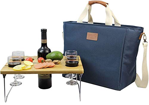 INNO STAGE 40L Cooler Bag, Large Insulated Tote Wine Carrier Bag for Picnic Lunch with Portable Bamboo Wine Snack Table - Best Gift for Father Mother Day