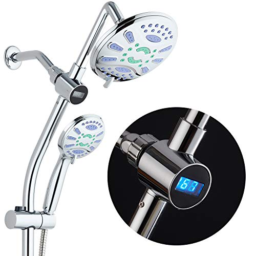 Spa Station 34' Drill-Free Slide Bar with 48-setting Antimicrobial Showerhead Combo & LED Temperature Display / 3-way Rain & Handheld Shower Head - Height Extension Arm - Stainless Steel Hose - Chrome