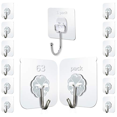 64 Pack Command Hooks Heavy Duty,Adhesive Hooks for Hanging,Wall Hangers Without Nails,Kitchen Wall Hooks Heavy Duty,Transparent Bathroom Ceiling Hooks