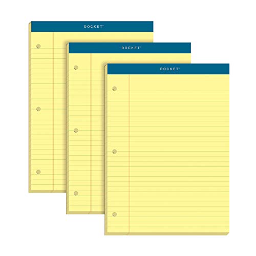 TOPS Docket Writing Pads, 8-1/2' x 11-3/4', Legal Rule, Canary Paper, 3-Hole Punched, 100 Sheets, 3 Pack (63392)