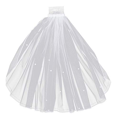 Frcolor Flower Girl Veil Lace Pearl Veils with Hair Comb Wedding Hair Accessories for Children Girl (White)