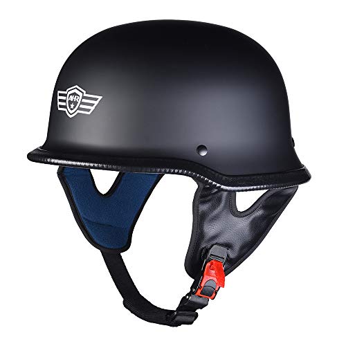 AHR Run-G Open Face DOT Motorcycle Half Helmet German Style Cruiser Chopper Biker Skull Cap Helmet Matte Black XL