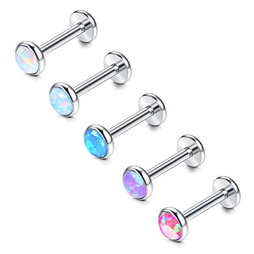 Milacolato 5PCS 16G Stainless Steel Opal Labret Piercing Stud Nose Ring Internally Threaded Monroe Lip Piercing Jewelry Helix Conch Tragus Cartilage Earring Studs 3MM 4MM 5MM