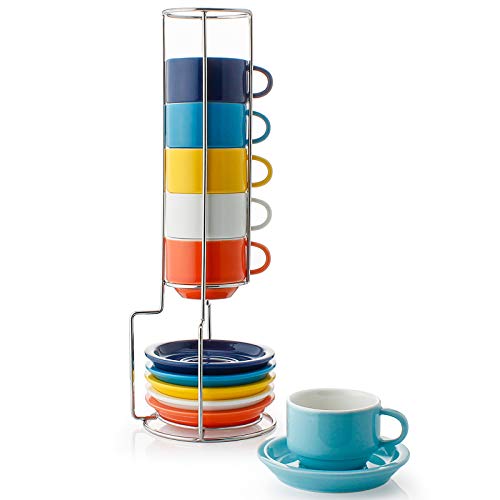 Sweese 404.002 Porcelain Stackable Espresso Cups with Saucers and Metal Stand - 2.5 Ounce for Specialty Coffee Drinks, Latte, Cafe Mocha and Tea - Set of 6, Hot Assorted Colors