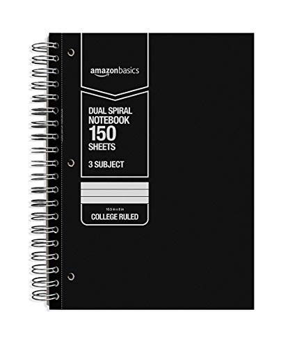 AmazonBasics College Ruled Wirebound 3-Subject 150-Sheet Notebook - Pack of 3, 10.5 x 8 Inch, Black / Red / White