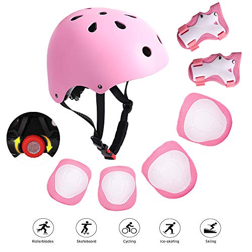 Kids Adjustable Bike Helmet for 3-8 Years 7 in 1 Sports Protective Gear Set Knee Elbow Wrist Pads Boys Girls Toddler Helmet with Cycling Skateboard Rollerblading Scooter (Pink)