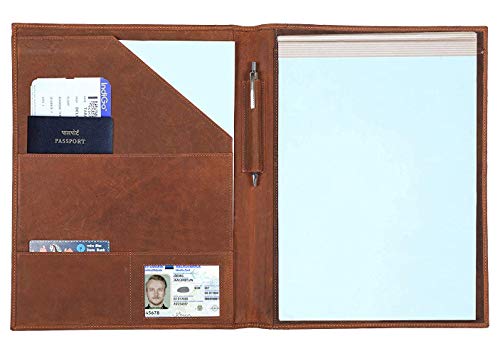 Leather Padfolio Resume Portfolio Folder – Interview/Legal Document Organizer for Letter Size Writing Pad with Business Card Holder, Ideal Gift Portfolios for Men and Women (Brown)