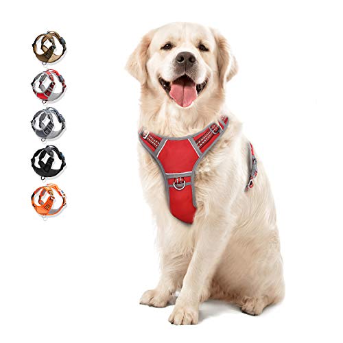 WALKTOFINE Dog Harness No Pull Reflective, Comfortable Harness with Handle,Fully Adjustable Pet Leash Vest for Small Medium Large Dog Breed Car Seat Harness Red L