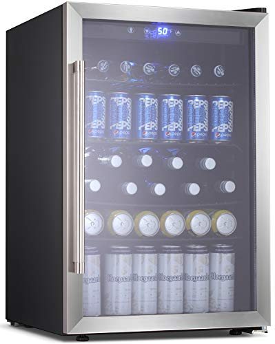 BOSSIN Beverage Refrigerator and Cooler, 120 Can Capacity with Smoky Gray Glass Door for Soda Beer or Wine,Compressor Touch Panel Digital Temperature Display for Home, stainless steel(4.5 cu.ft)