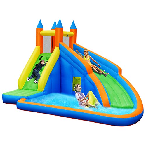 GYMAX Inflatable House Bouncer, Jumping Bouncer with Water Slide, Climbing Wall & Splash Pool, Easy Installation Heavy Duty Water Slide with Carry Bag, Gift for Kids (Climbing Wall+Slide)