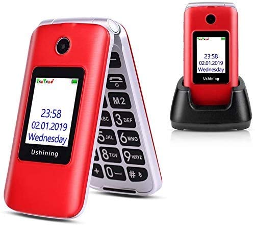 Ushining 3G Unlocked Flip Cell Phone for Senior & Kids,Easy-to-Use Big Button Cell Phone with Charging Dock (Red)