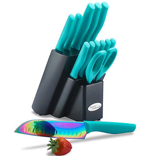 DISHWASHER SAFE Rainbow Titanium Cutlery Knife Set, Marco Almond KYA27 Kitchen Knives Set with Wooden Block, Rainbow Titanium Coating,Chef Quality for Home & Pro Use, Best Gift,14 Piece Turquoise